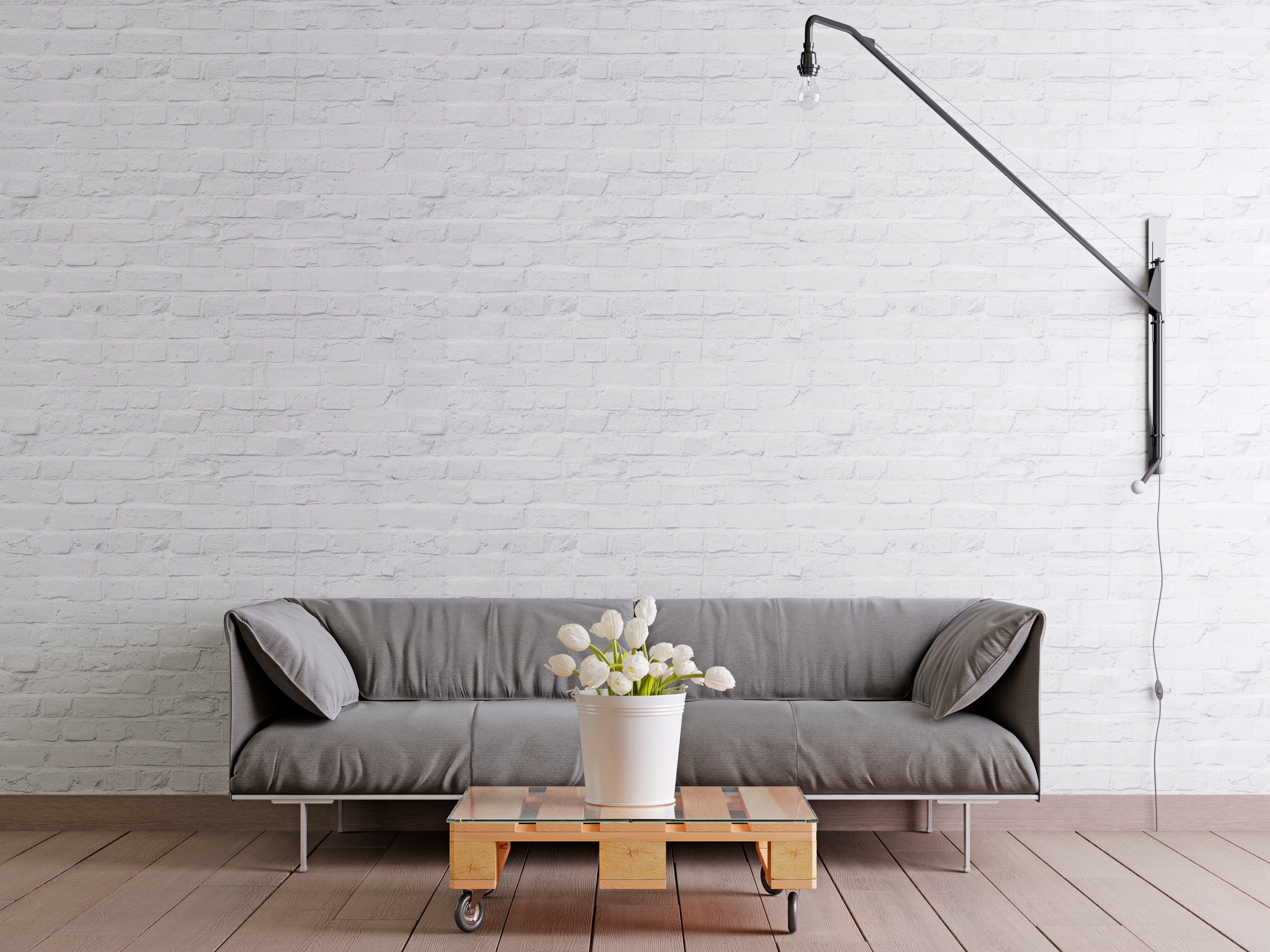 Scandinavian,Style,Livingroom,With,Fabric,Sofa,,Lamp,And,Plant,In