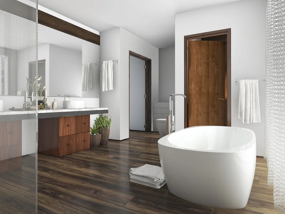 White Bathroom Wood Floors 1