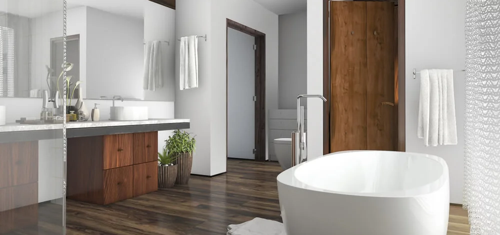 White Bathroom Wood Floors 1